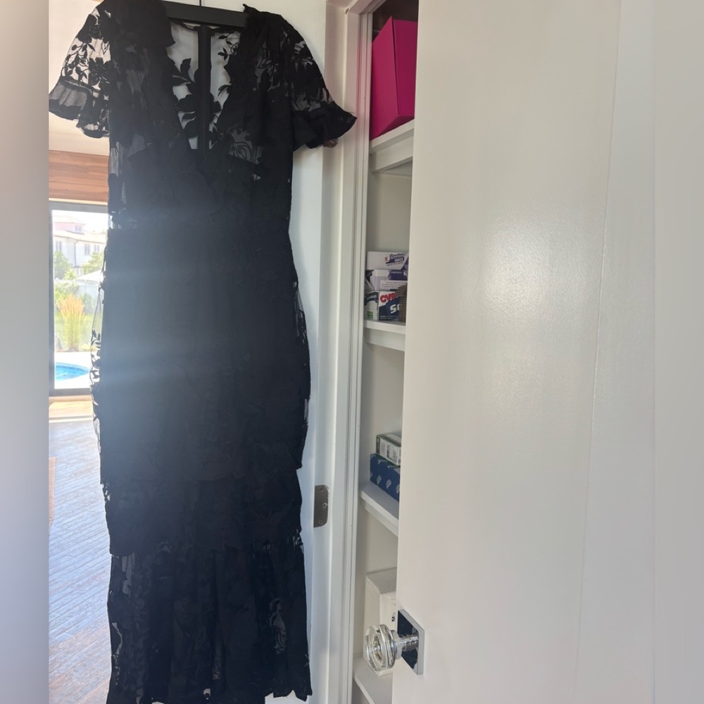 Three Floor Black Sheath Maxi Dress with Flutter Sleeves - Picture 2 of 7